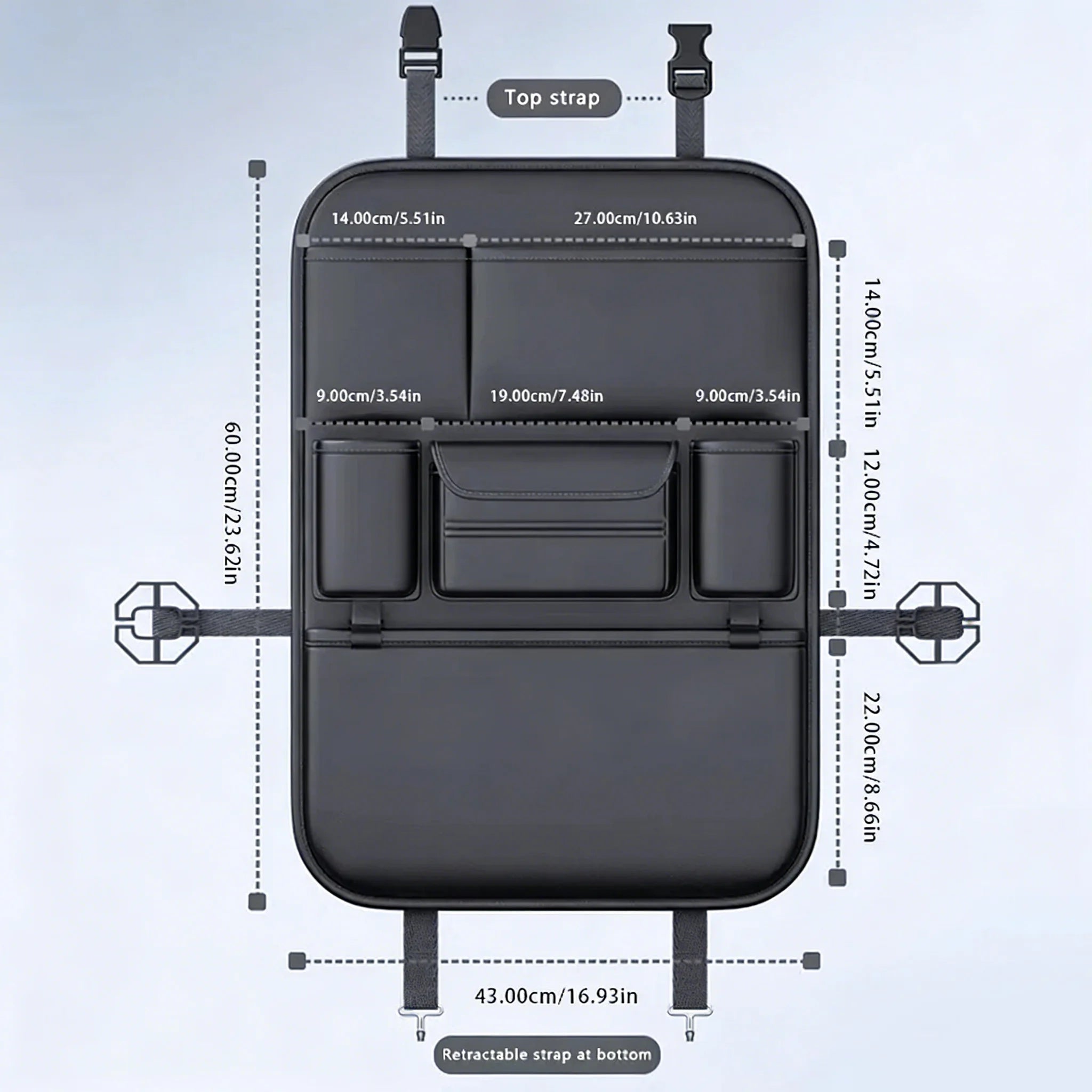 Car backseat organiser dimension diagram showing 60cm height, 43cm width and pocket measurements