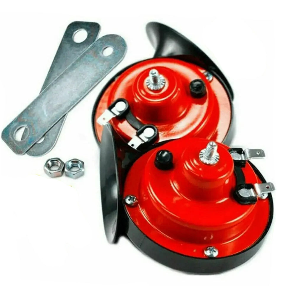 Twin red snail air horns with mounting brackets and nuts on white background