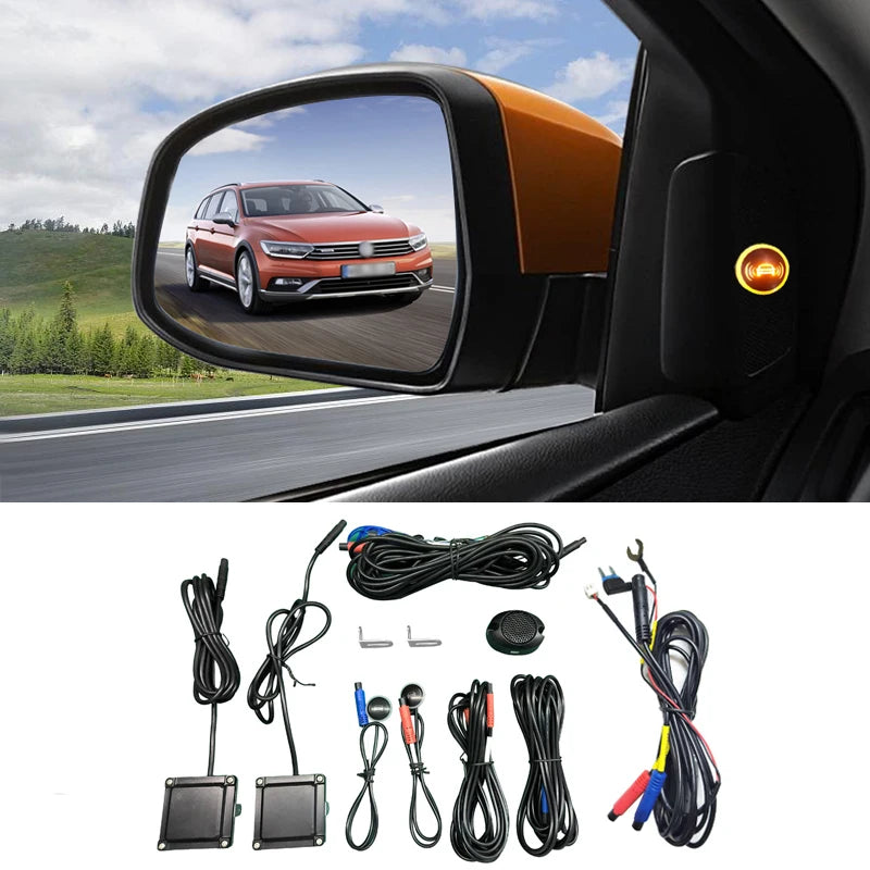 Blind Spot Monitor warning indicator illuminated on a vehicle's side mirror while a car approaches in the adjacent lane