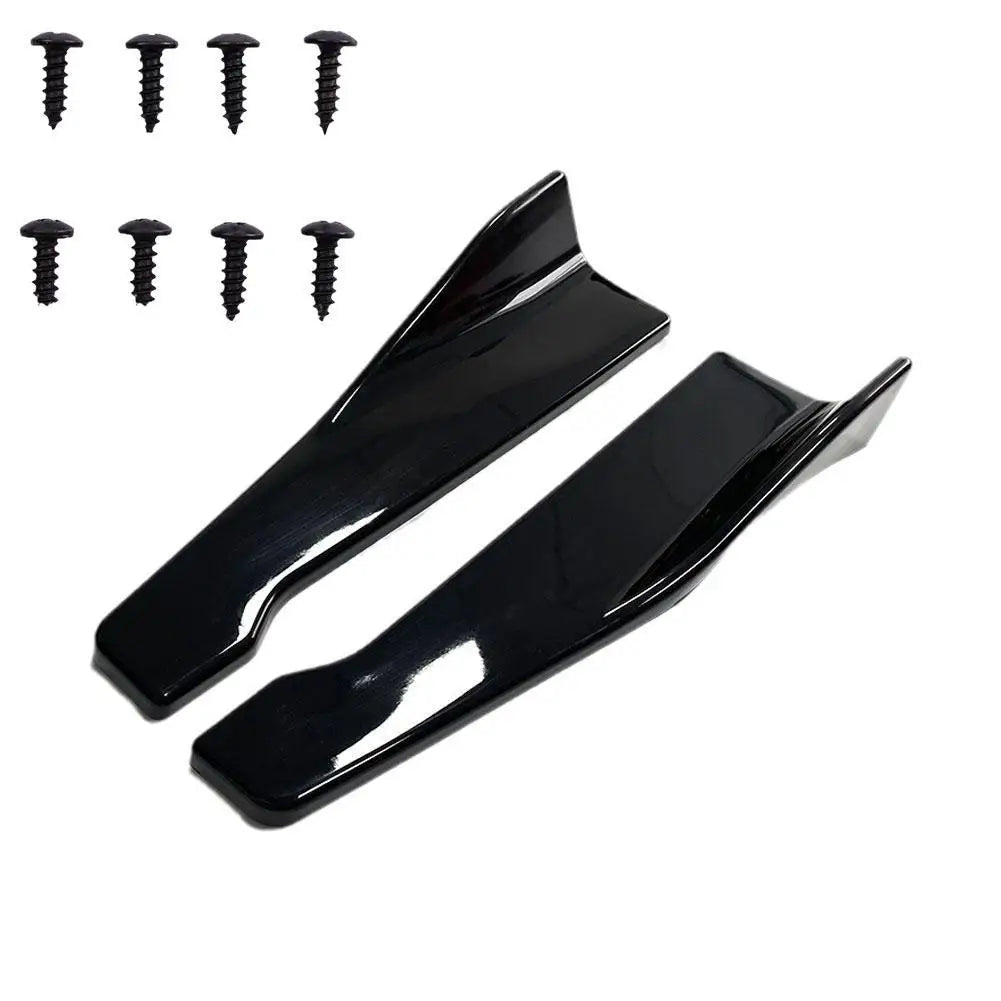 Gloss black side skirt splitter set with mounting screws, a pair of ABS rocker panel splitter blades photographed on a white background