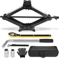 2.5 Ton Scissor Jack Emergency Kit with ratchet wrench, wheel wrench, sockets, gloves and carry bag on white background