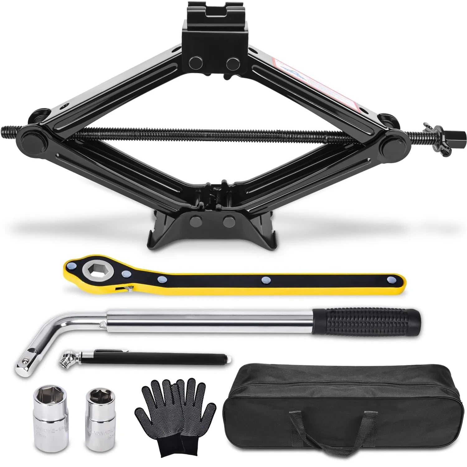 2.5 Ton Scissor Jack Emergency Kit with ratchet wrench, wheel wrench, sockets, gloves and carry bag on white background