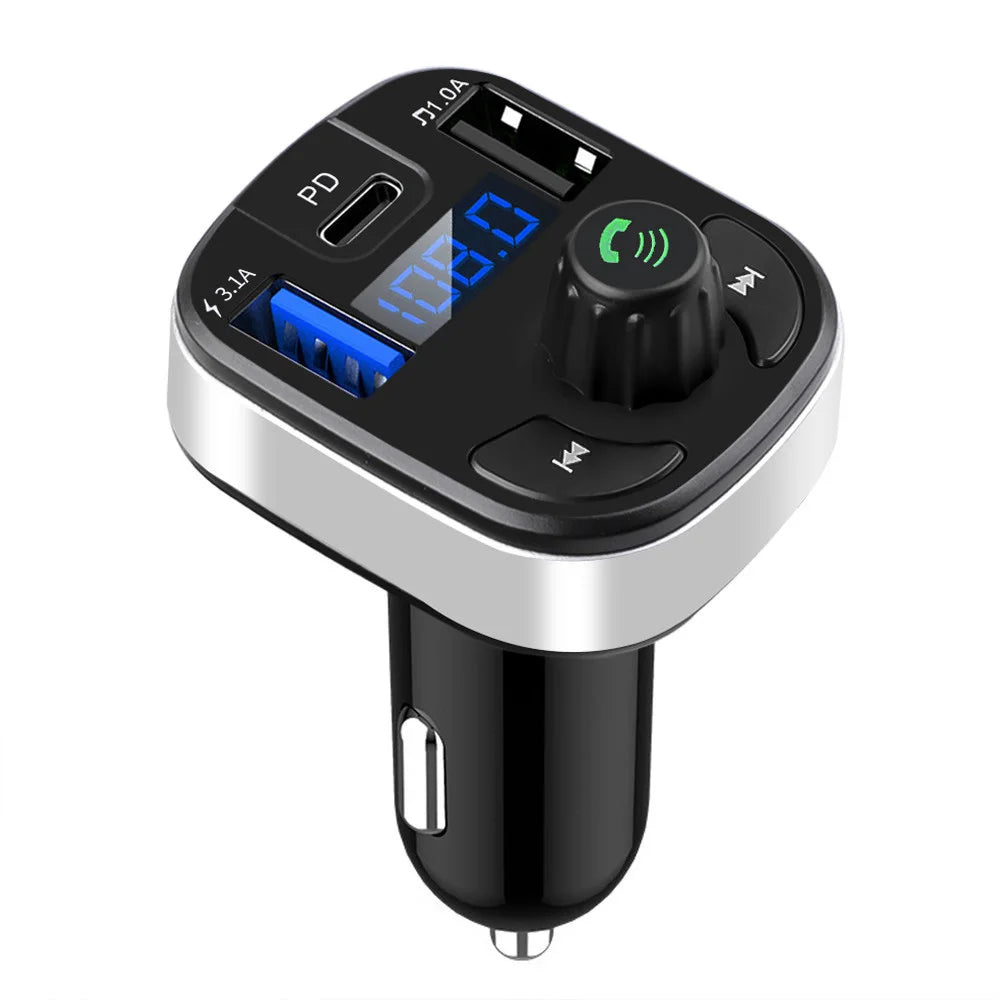 Triple-Port Bluetooth FM Transmitter with PD USB-C, two USB-A ports, blue LED display and control knob on a white background
