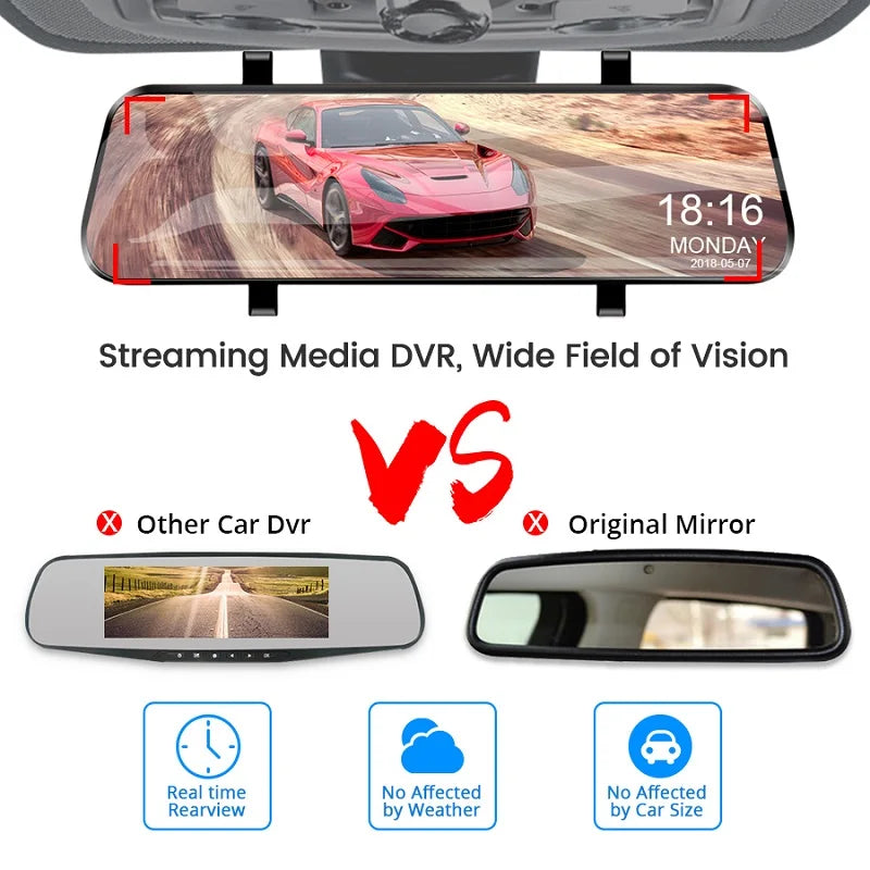 Streaming Mirror Dash Cam wide field of view footage of a red sports car on a road, highlighting streaming media DVR benefits over an original mirror