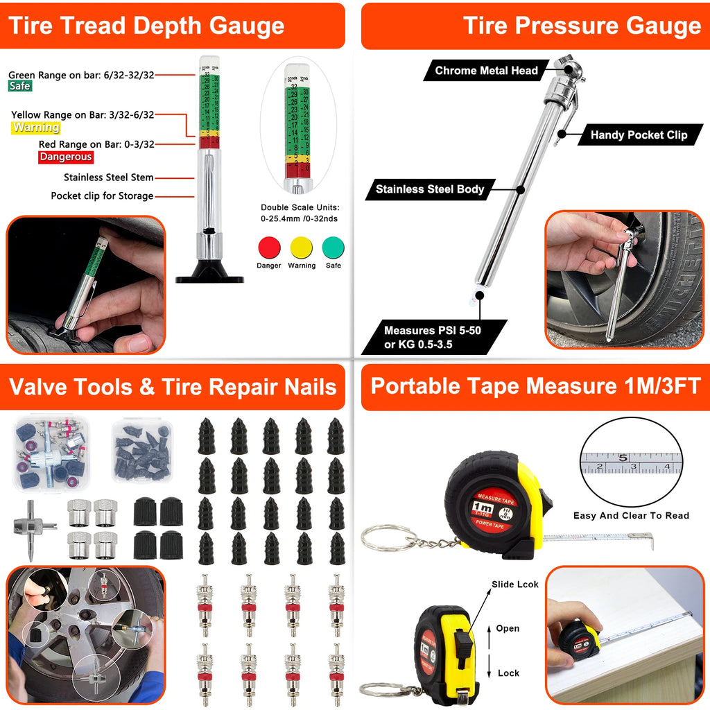 Tyre tread depth gauge, pressure gauge, valve tools and tape measure included in the Deluxe Tyre Repair Kit