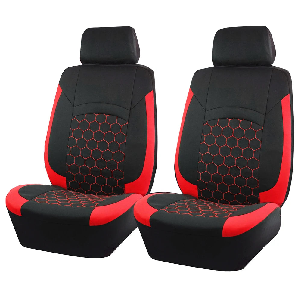 Red and black Football Embroidery Seat Covers for a pair of front seats on a white background