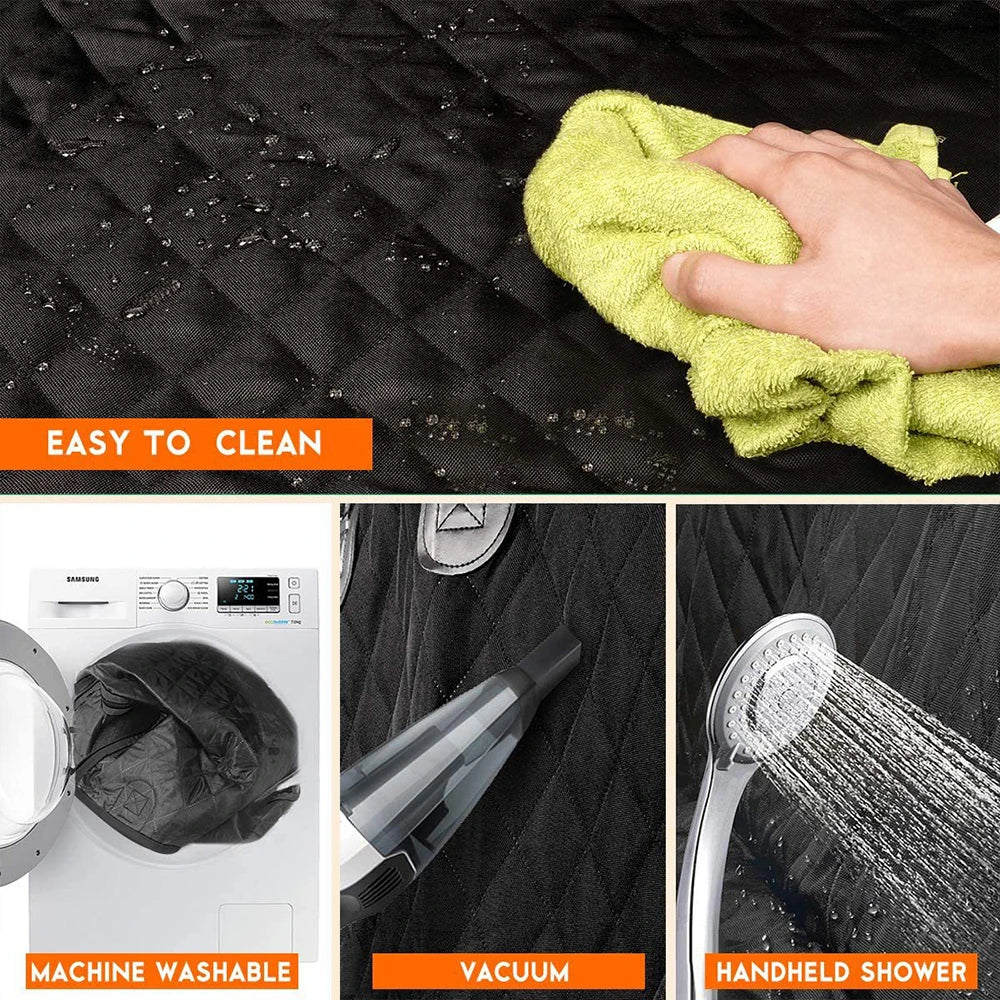 Care instructions for the Waterproof Dog Car Hammock showing easy cleaning with a cloth, washing machine, vacuum and handheld shower