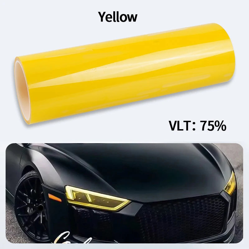 Roll of headlight PPF wrap film in JDM Yellow, rated VLT 75 percent, shown on a white background with the film applied to a black car's headlight.
