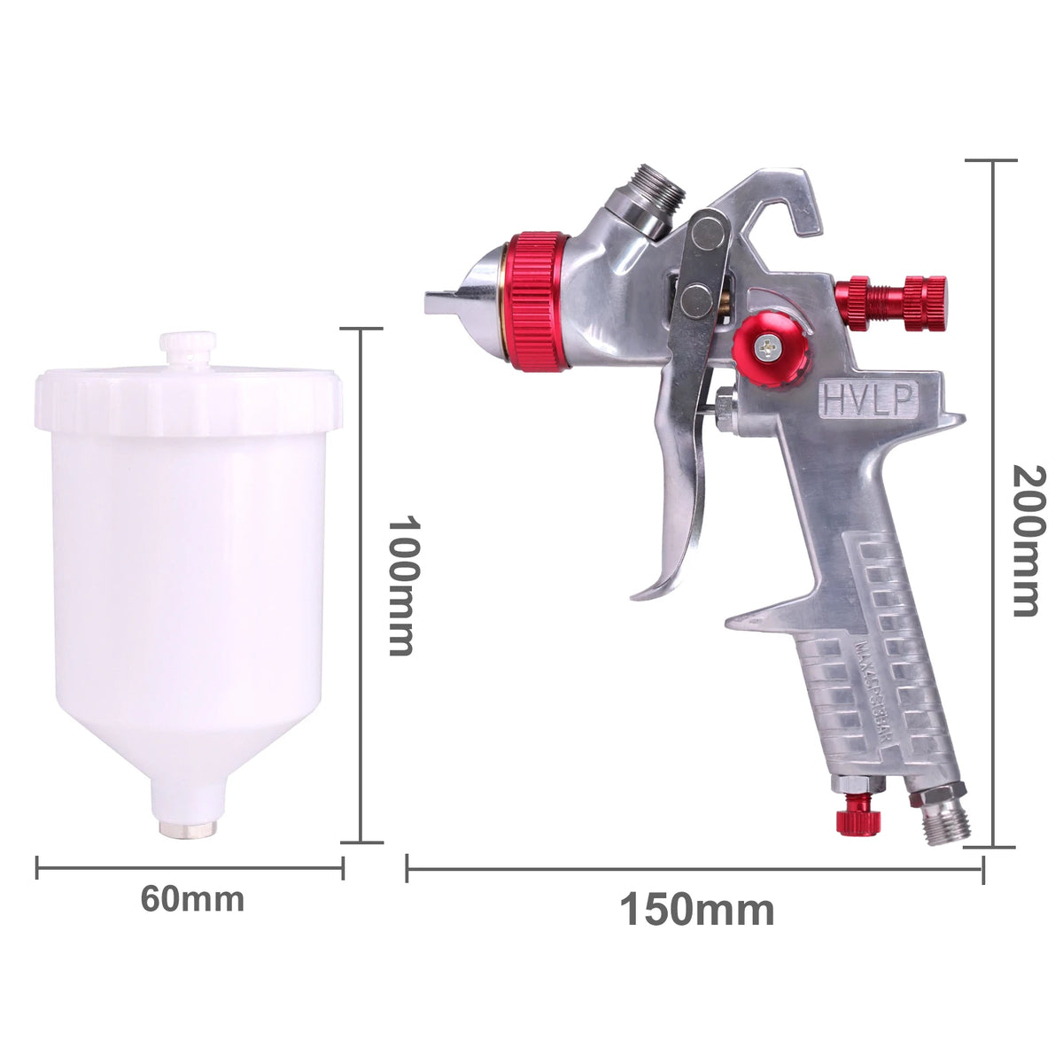 Dimension diagram of the HVLP Airbrush Spray Gun and paint cup showing size measurements in millimetres