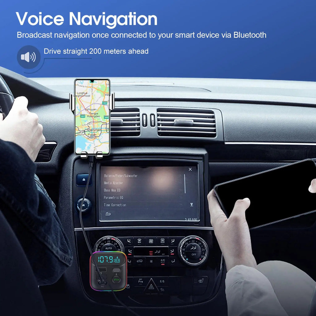 Driver following phone map navigation in a car with a PD Fast-Charge FM Transmitter plugged into the 12V socket