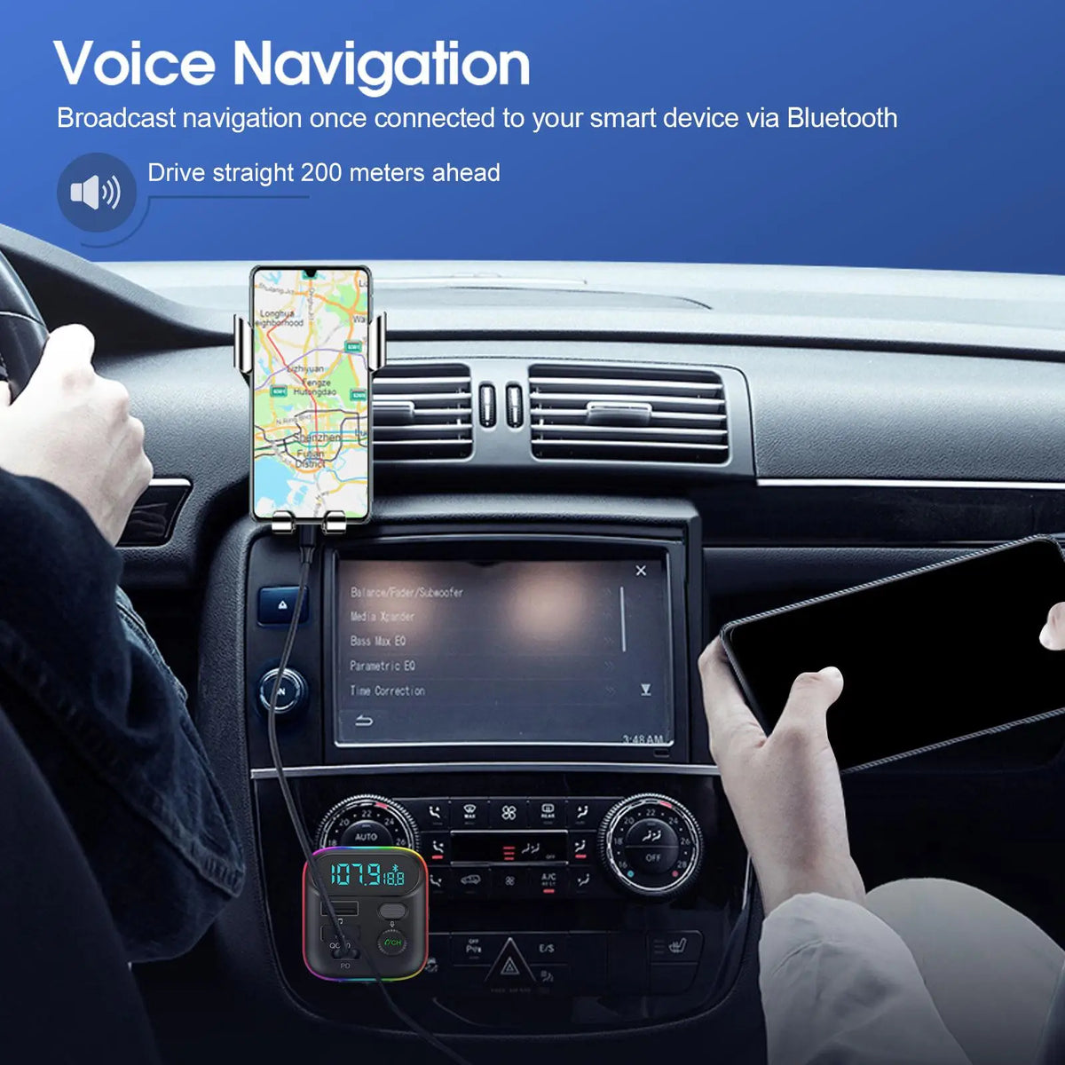 Driver following phone map navigation in a car with a PD Fast-Charge FM Transmitter plugged into the 12V socket