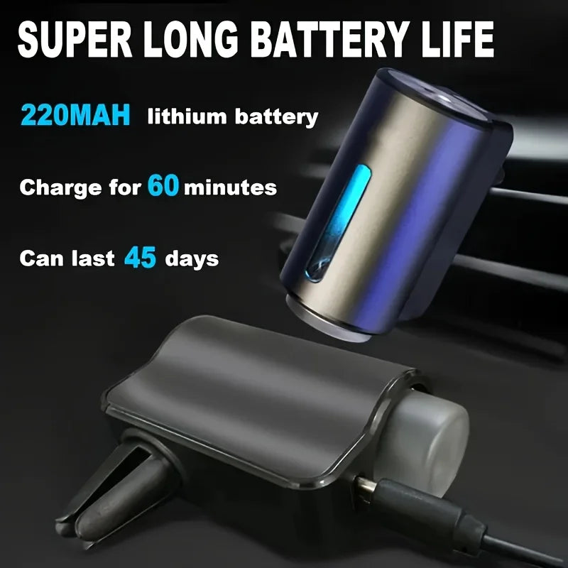 Smart Vent Aroma Diffuser removed from its vent clip base showing the 220 mAh rechargeable battery and USB charging cable