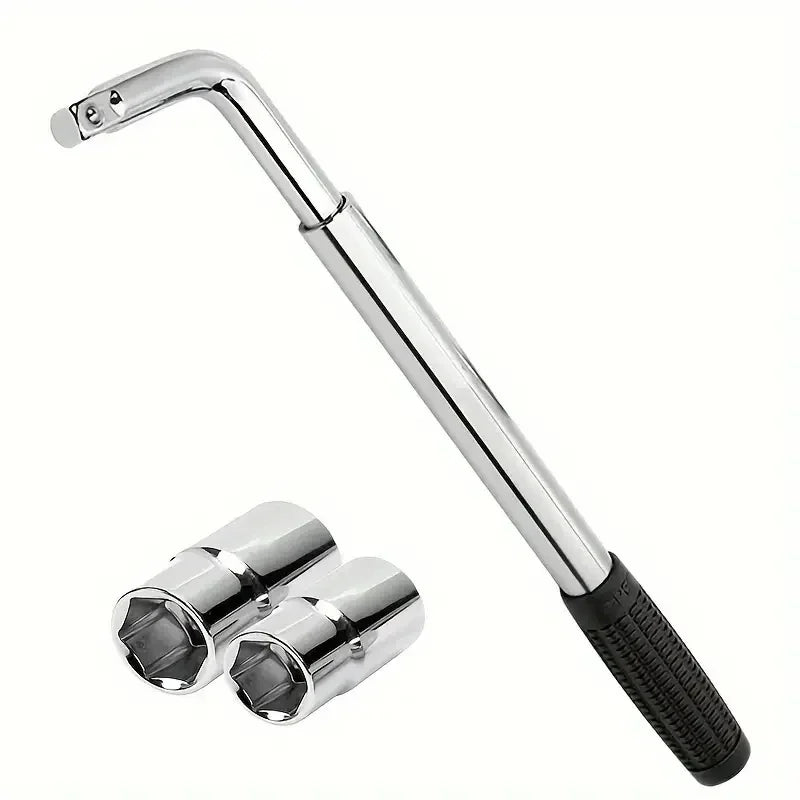Telescopic lug wrench with two chrome sockets and rubber grip handle shown at an angle on a white background