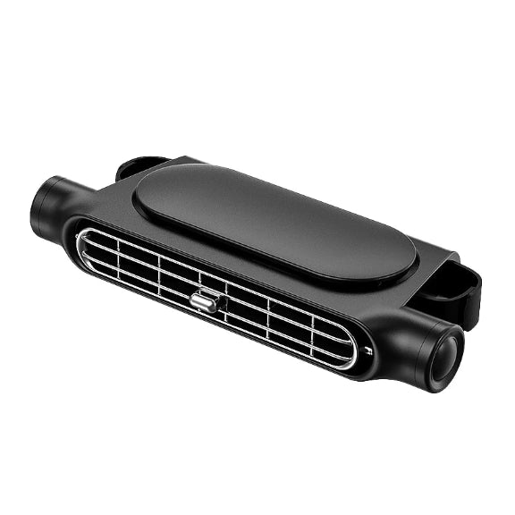 Cordless Headrest Cooling Fan in black with horizontal air vent grille and headrest mounting clips on a white background