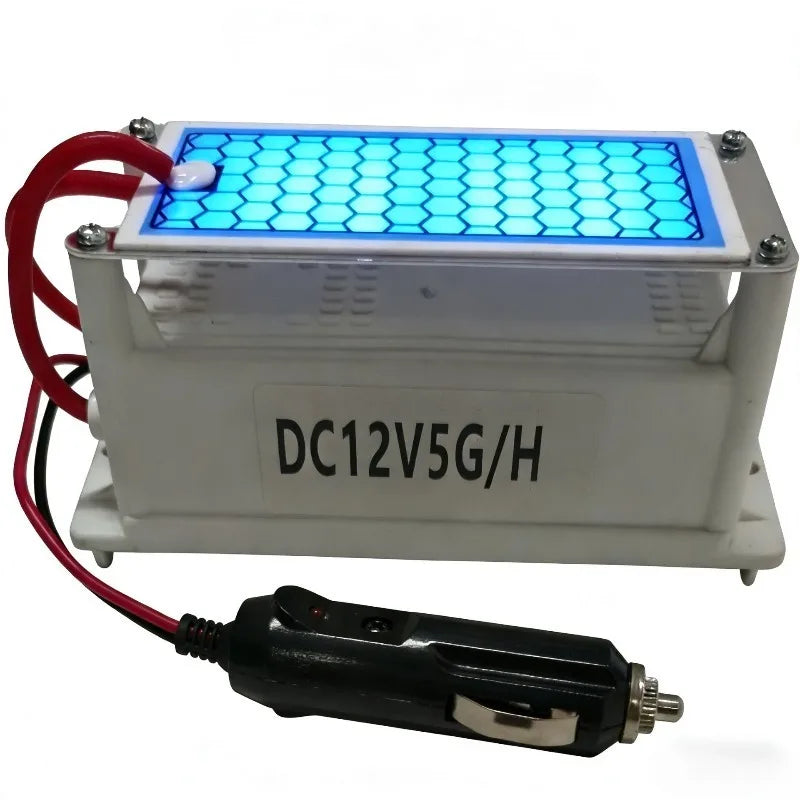 Compact 12V Ozone Generator 5 g/h with blue ceramic ozone plate and cigarette lighter plug on white background