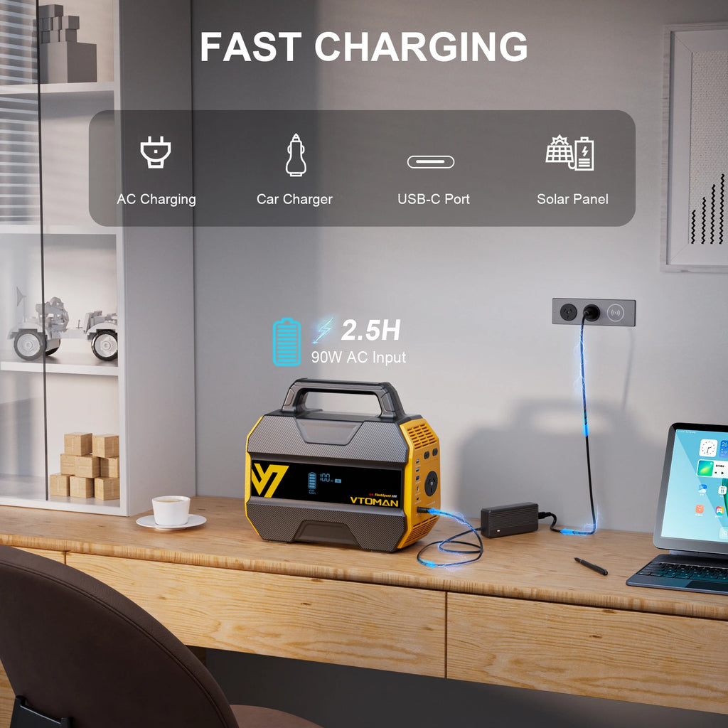 Compact 230Wh Power Station recharging from a wall socket on a desk, with icons for AC, car charger, USB-C and solar panel charging options