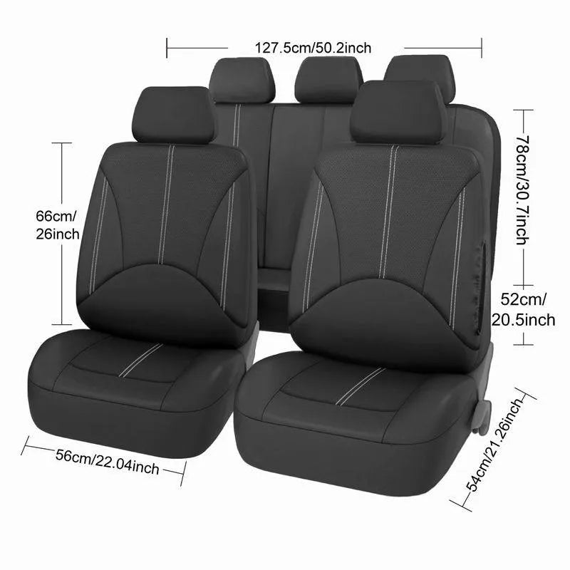 Universal Seat Cover Set flat lay on white background with labelled dimensions for front seat, backrest and rear bench seat cover