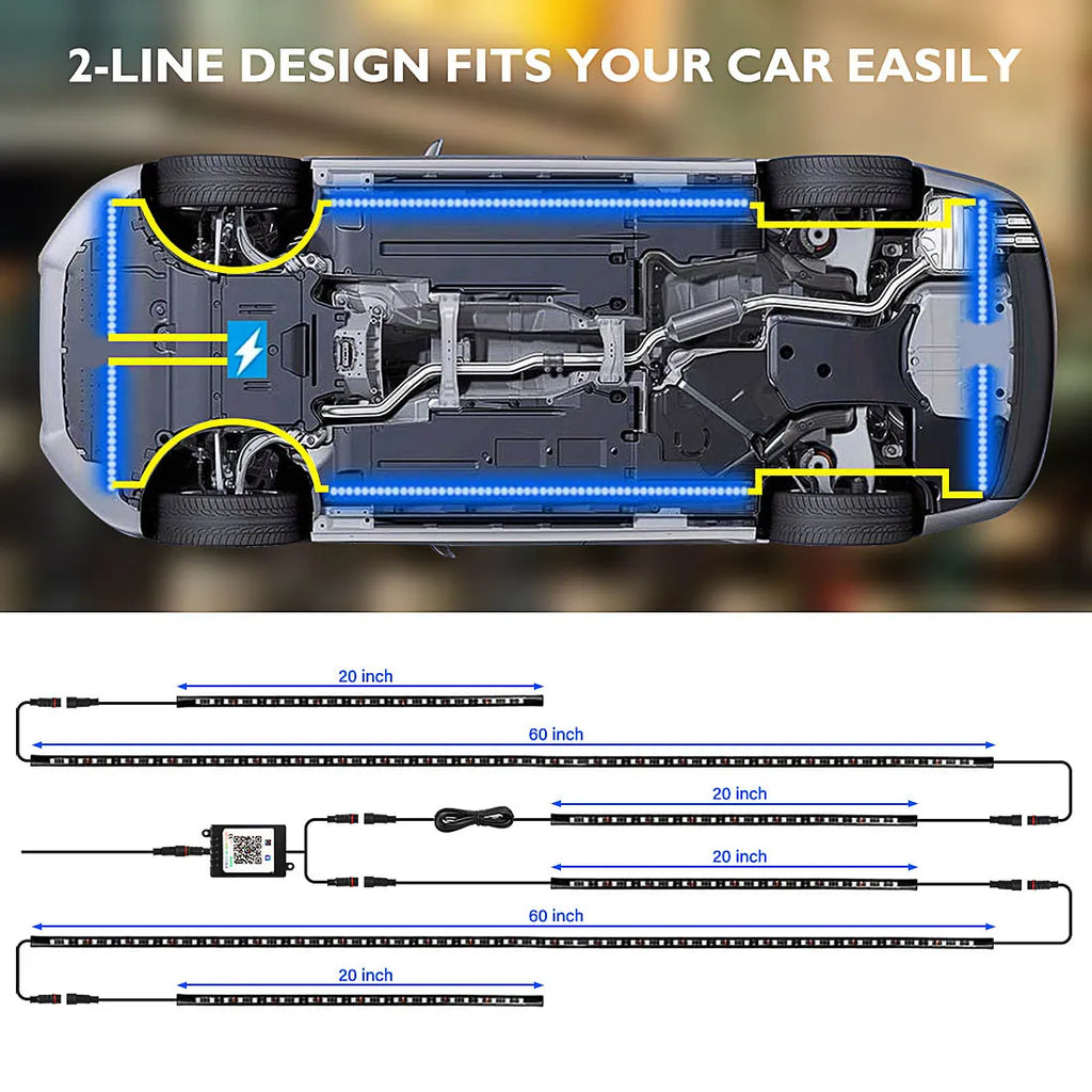 RGB Underglow Light Kit 2-line design diagram showing strip placement and lengths under a car chassis