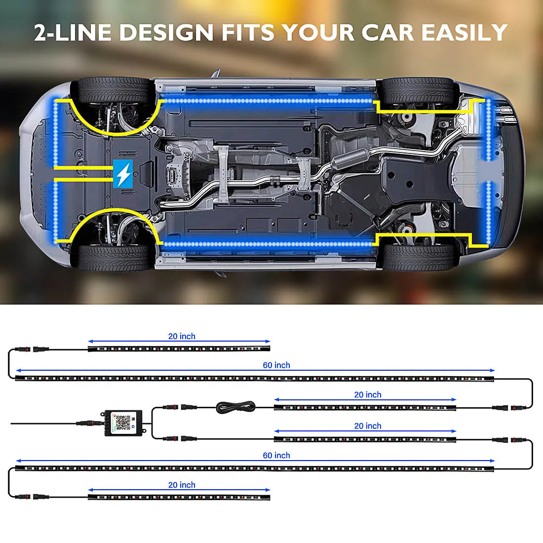 RGB Underglow Light Kit 2-line design diagram showing strip placement and lengths under a car chassis