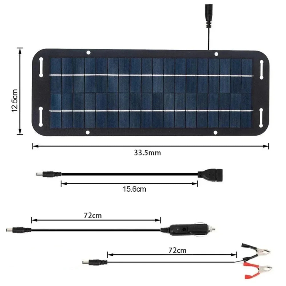 Technical dimension diagram of the solar battery trickle charger panel and cables showing length and width measurements in centimetres