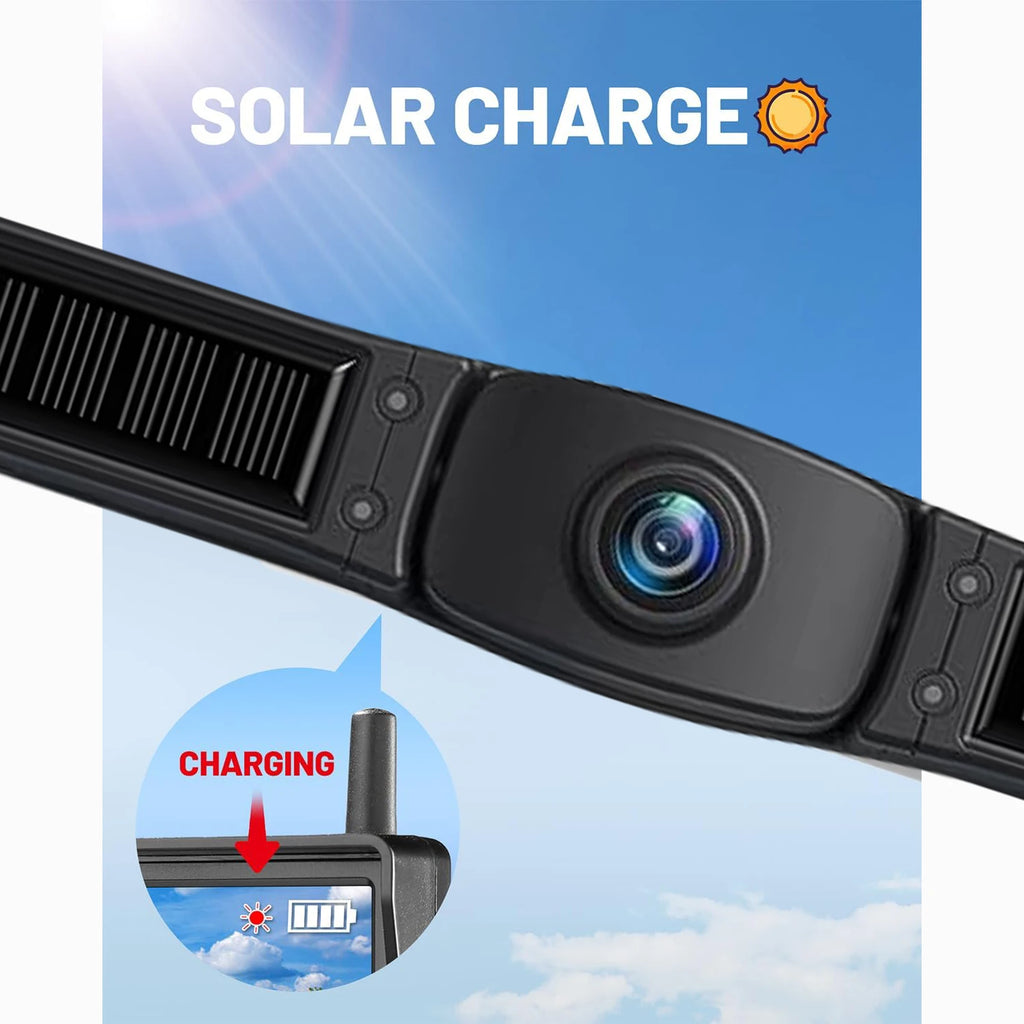 Solar Wireless Reversing Camera close-up of solar panel licence plate bar and lens with battery charging indicator