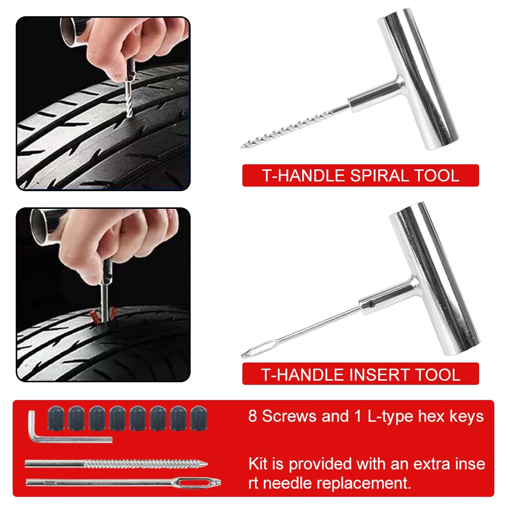 Car Tyre Repair Kit T-handle spiral tool and insert tool with included screws and hex keys