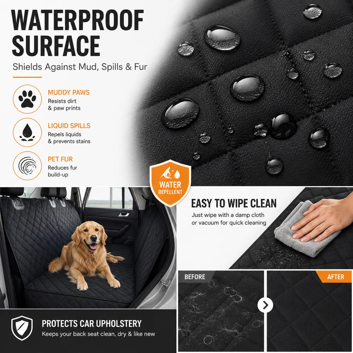 Quilted rear seat protector with water beading on its surface, a dog on the back seat and a cloth wiping it clean