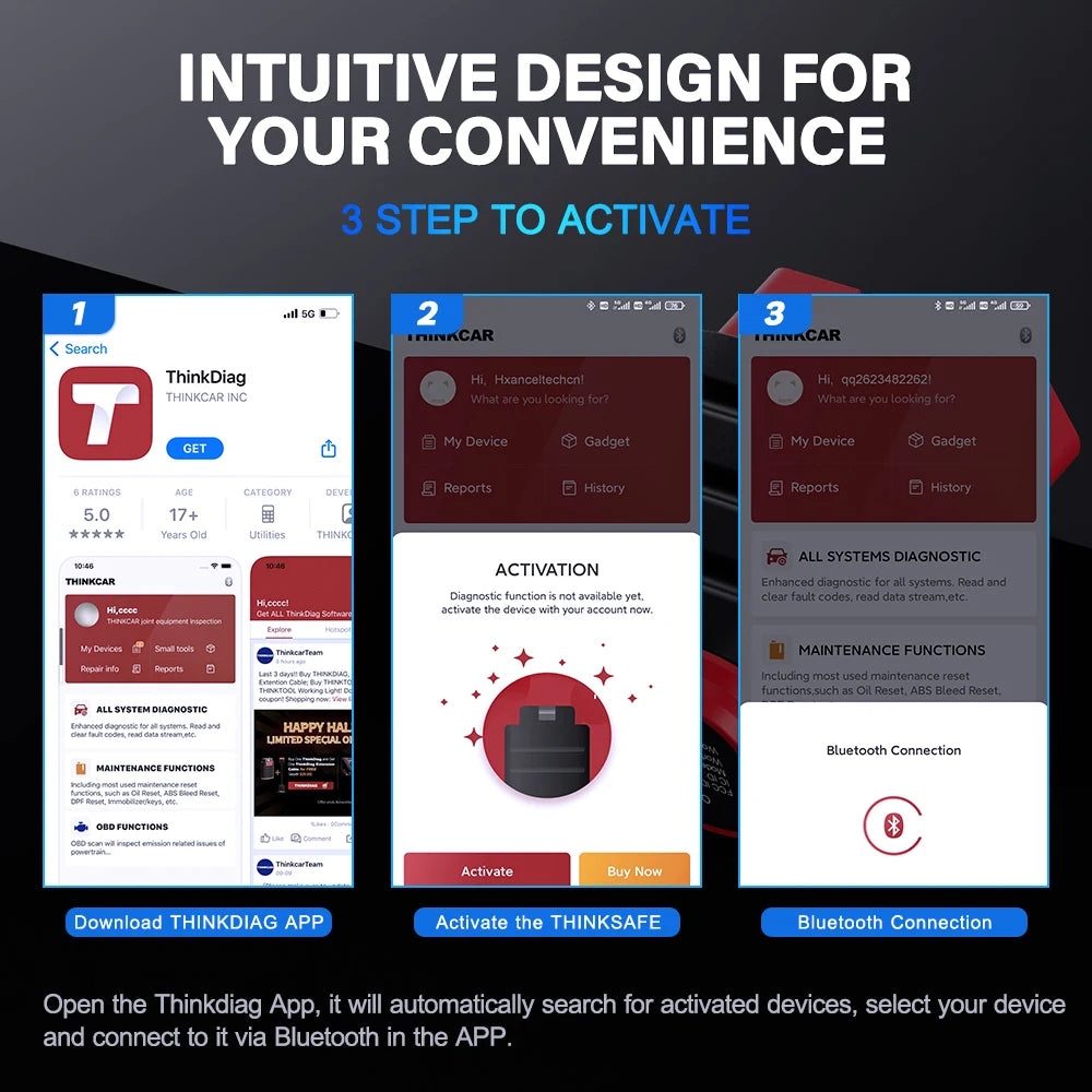 Bluetooth Car Diagnostic Scanner three-step setup: download the smartphone app, activate the device and connect via Bluetooth
