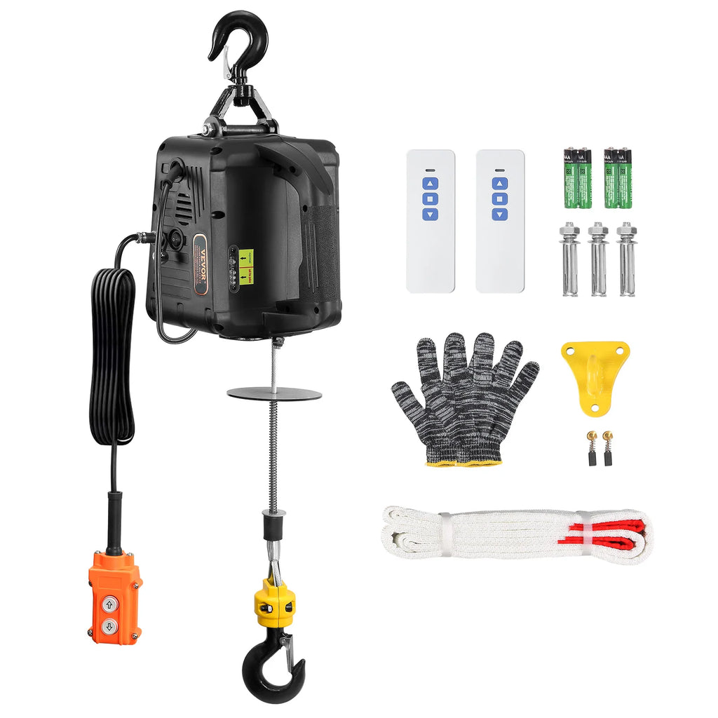 Portable Electric Hoist Winch with wired controller, two wireless remotes, batteries, anchor bolts, gloves, hook mount and rope on a white background