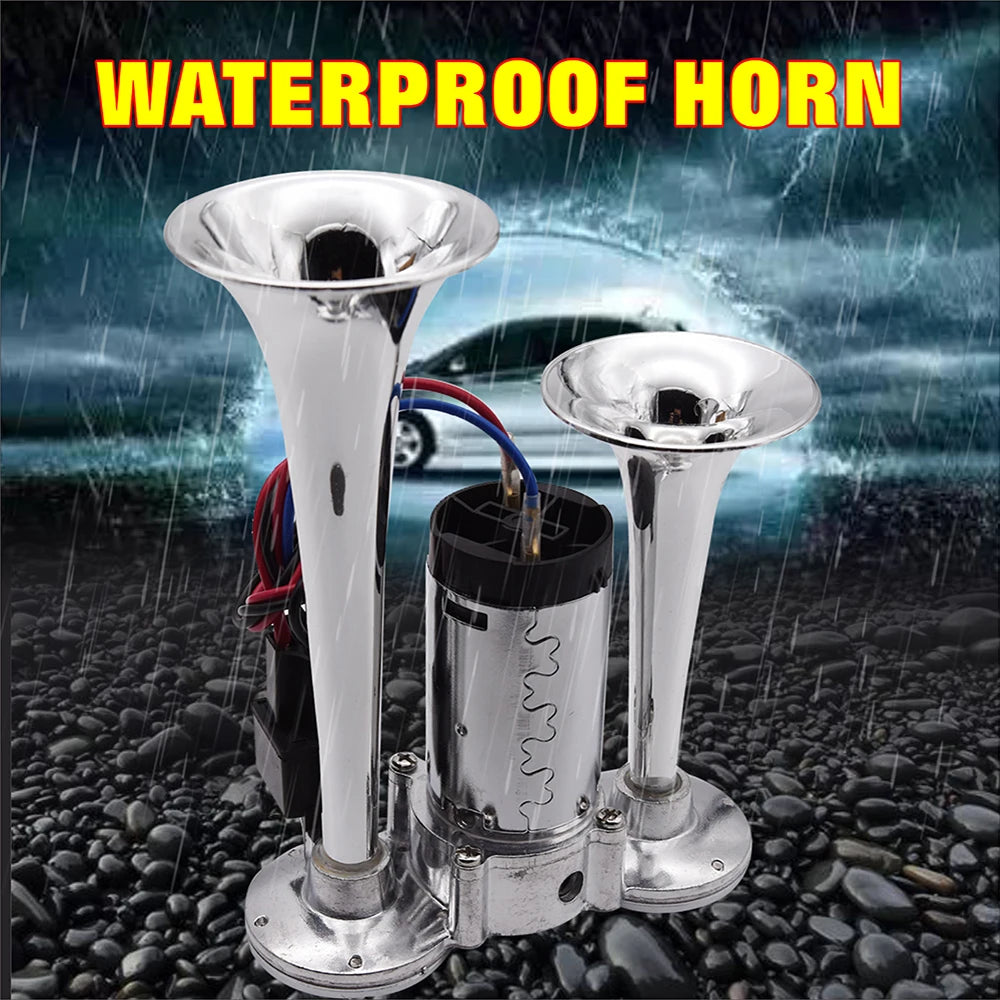 Waterproof dual trumpet air horn shown in rainy conditions beside a car