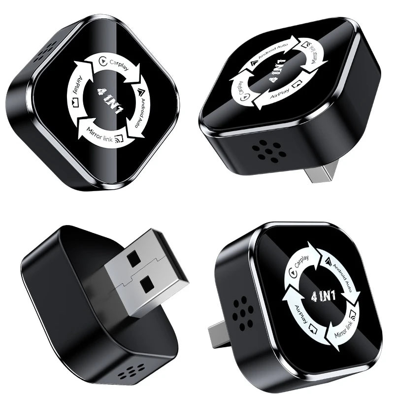 Four-angle view of the black wireless CarPlay and Android Auto adapter on a white background