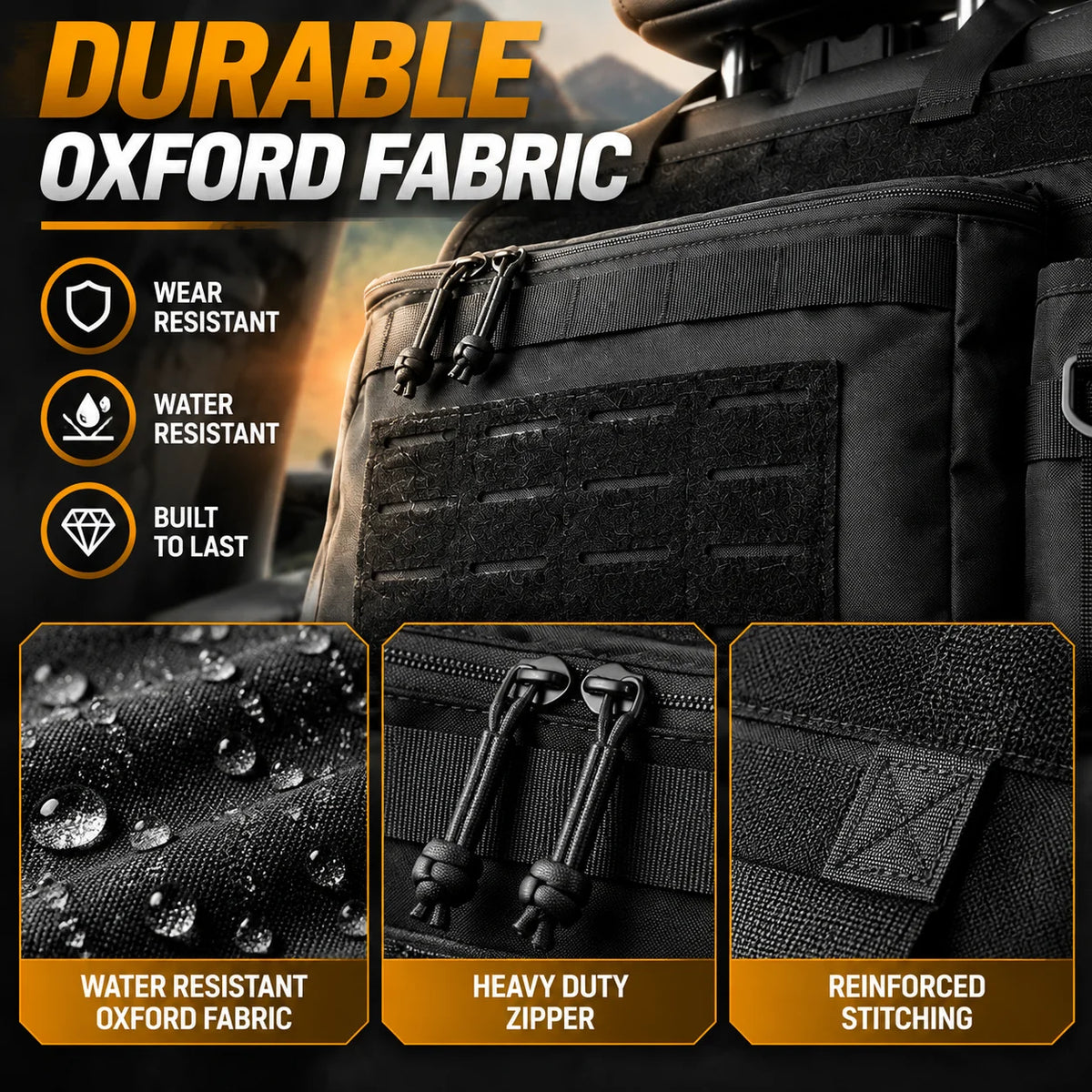 Black Tactical Seat Back Organiser close-ups of water-resistant Oxford fabric, heavy-duty zipper pulls and reinforced stitching