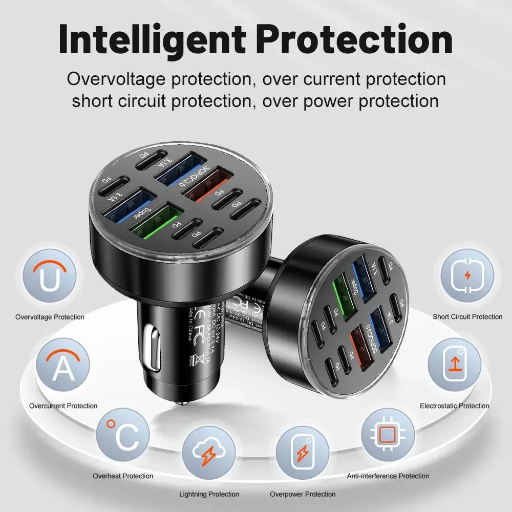 10-Port Fast Car Charger infographic listing overvoltage, overcurrent, short circuit and heat protection features
