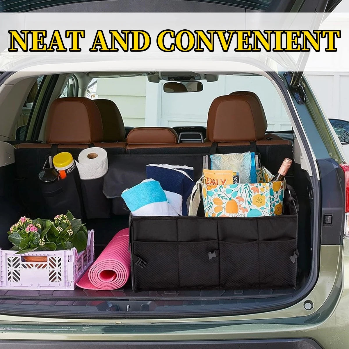 Car boot organiser fitted neatly in an SUV trunk for tidy and convenient travel storage