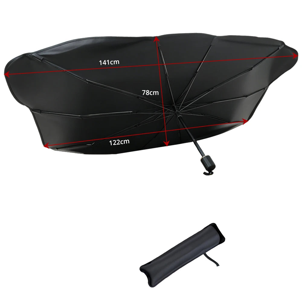 Foldable Windscreen Sun Umbrella Big size dimension diagram, 141cm by 78cm by 122cm, with a matching storage bag included as a gift