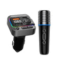 Wireless car karaoke microphone alongside the Bluetooth FM transmitter car charger with digital display and dual USB ports, on a white background