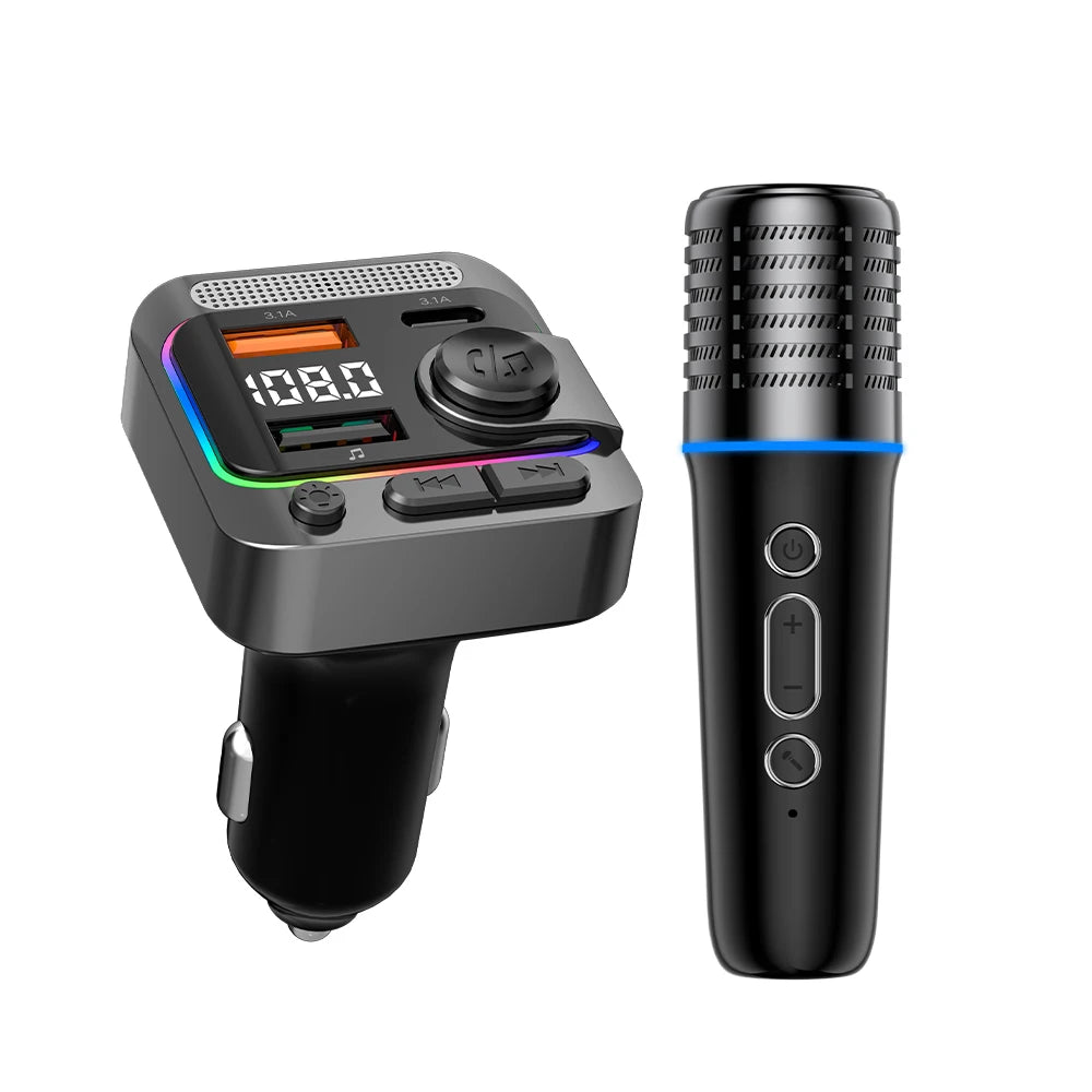 Wireless car karaoke microphone alongside the Bluetooth FM transmitter car charger with digital display and dual USB ports, on a white background
