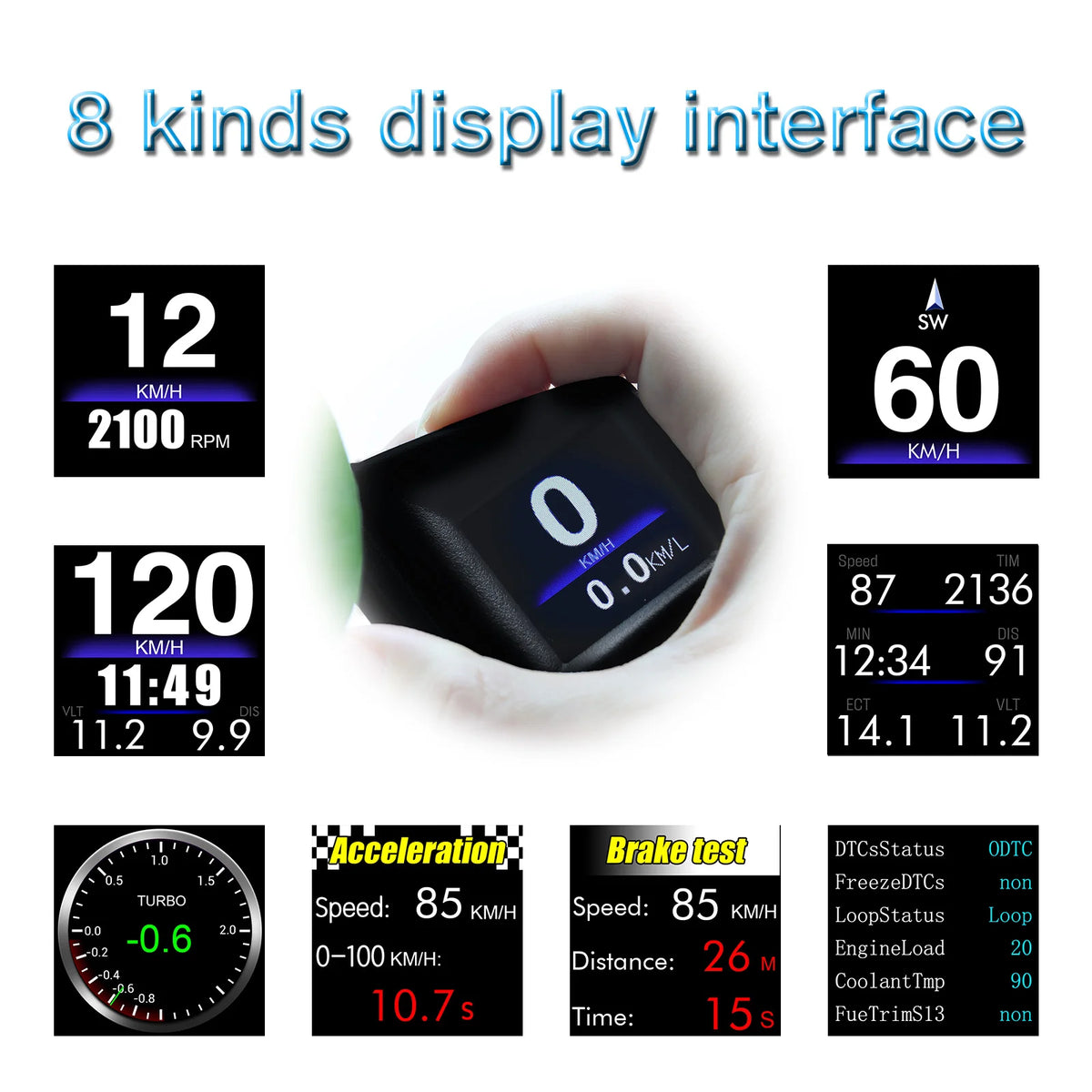A-Pillar OBD2 GPS Gauge eight display modes including speed, RPM, compass, turbo boost, acceleration, brake test and diagnostics