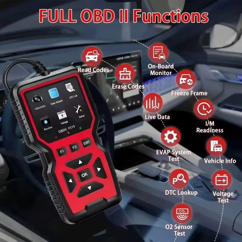 OBD2 Code Reader plugged into car dashboard OBD port showing full OBD II function icons