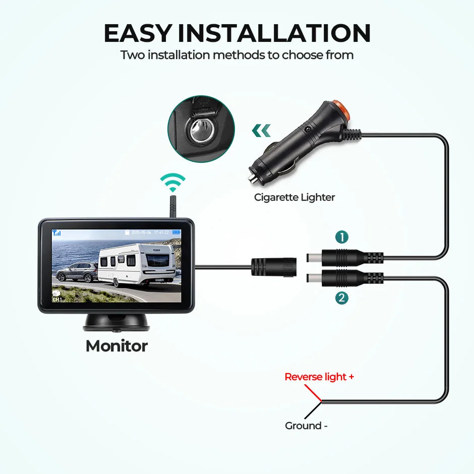 Touchscreen DVR Reversing Camera wiring diagram for cigarette lighter or reverse light power connection