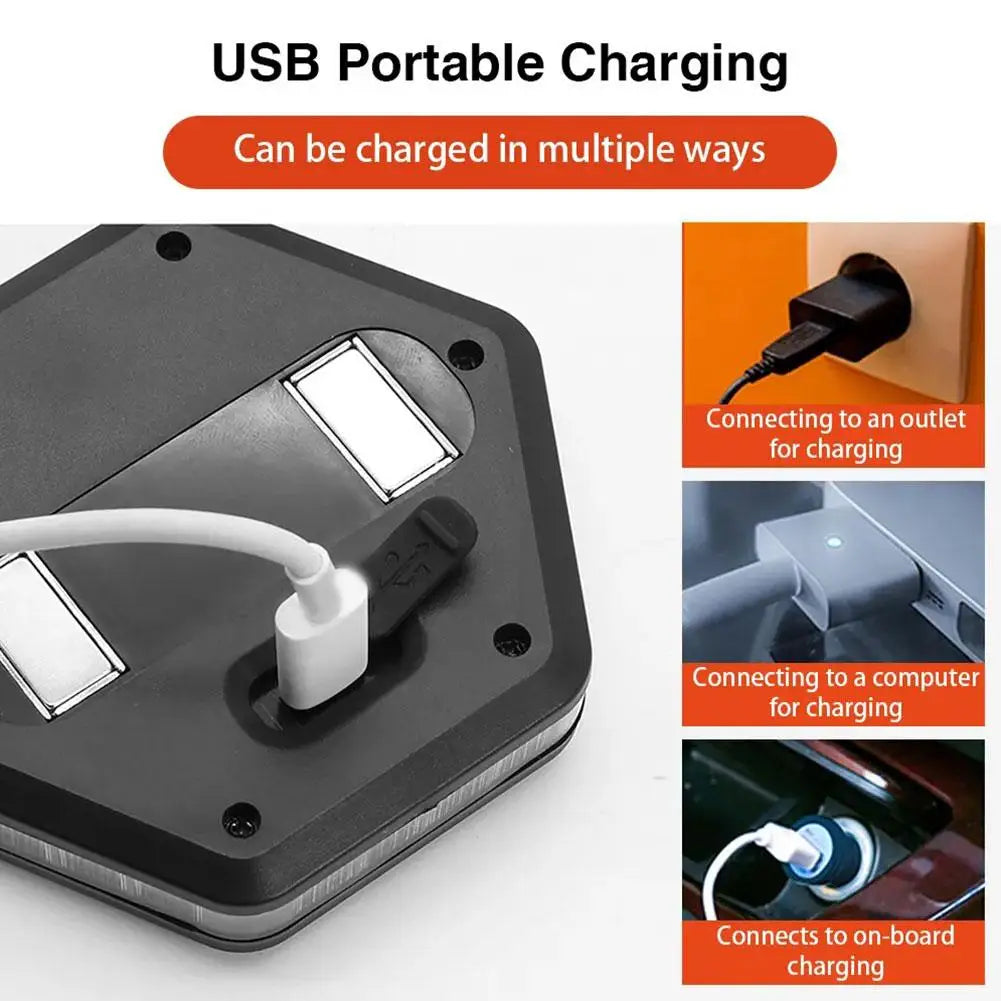Rechargeable LED Road Flare shown charging via wall outlet, computer and vehicle USB ports