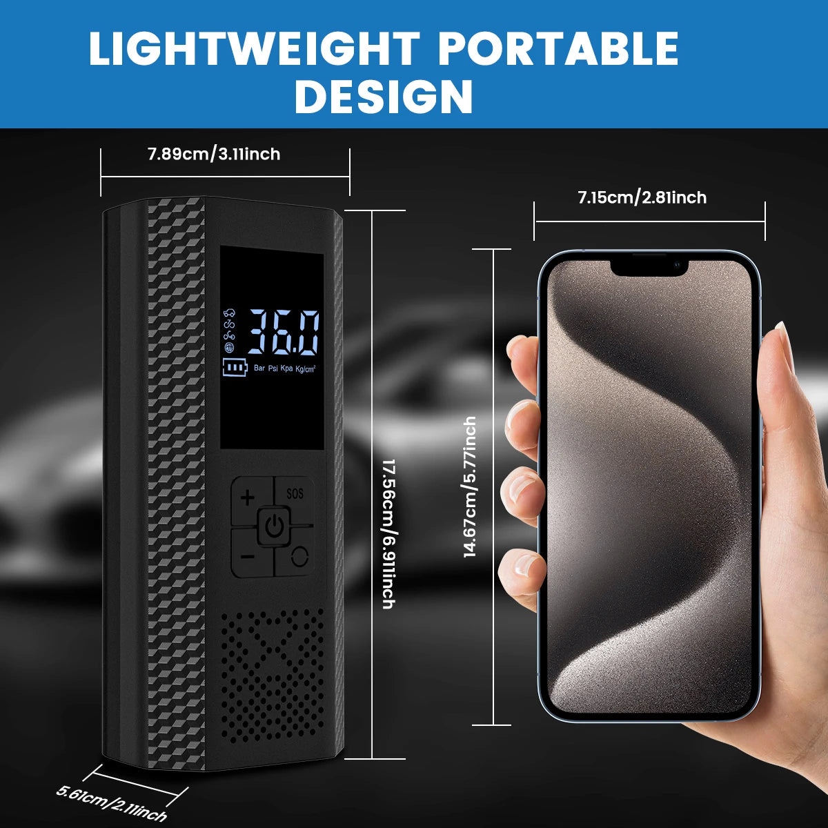 Lightweight Pocket 150 PSI Tyre Inflator next to a smartphone held in hand for size comparison, with dimensions in cm