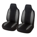 Pair of grey and black front bucket seat covers shown on a white background