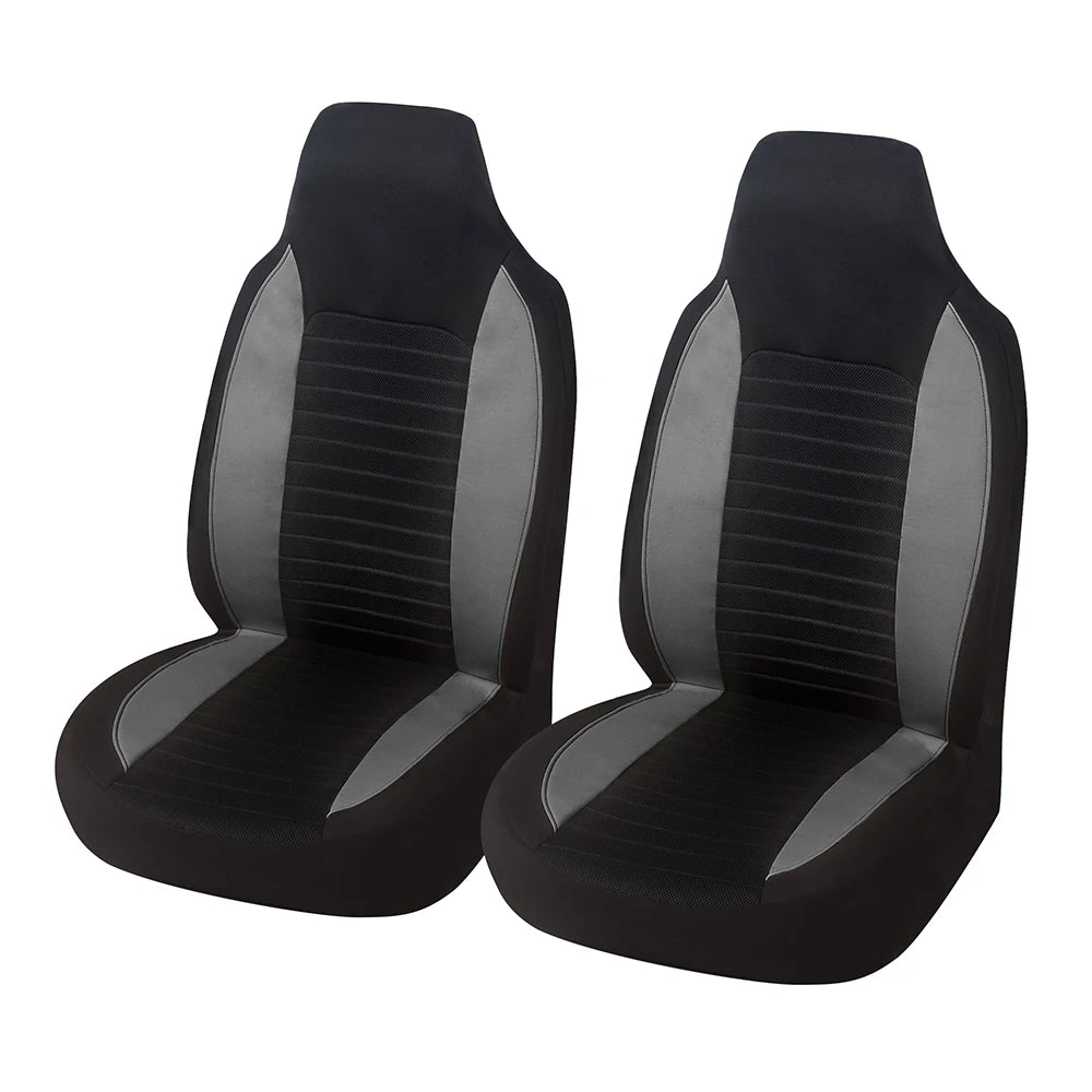 Pair of grey and black front bucket seat covers shown on a white background