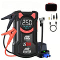 Pro Jump Starter Compressor in black and red with battery clamps, air hose, nozzle adapters, USB cable and carry case