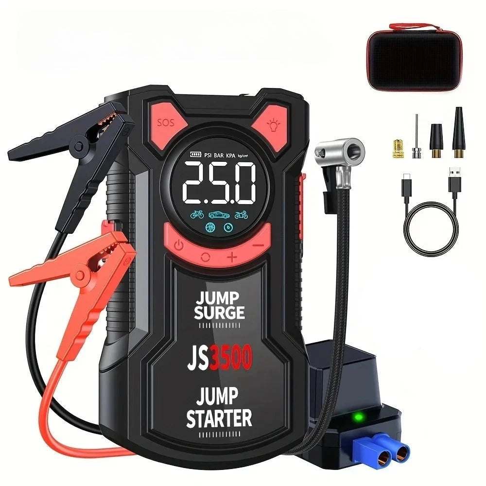 Pro Jump Starter Compressor in black and red with battery clamps, air hose, nozzle adapters, USB cable and carry case