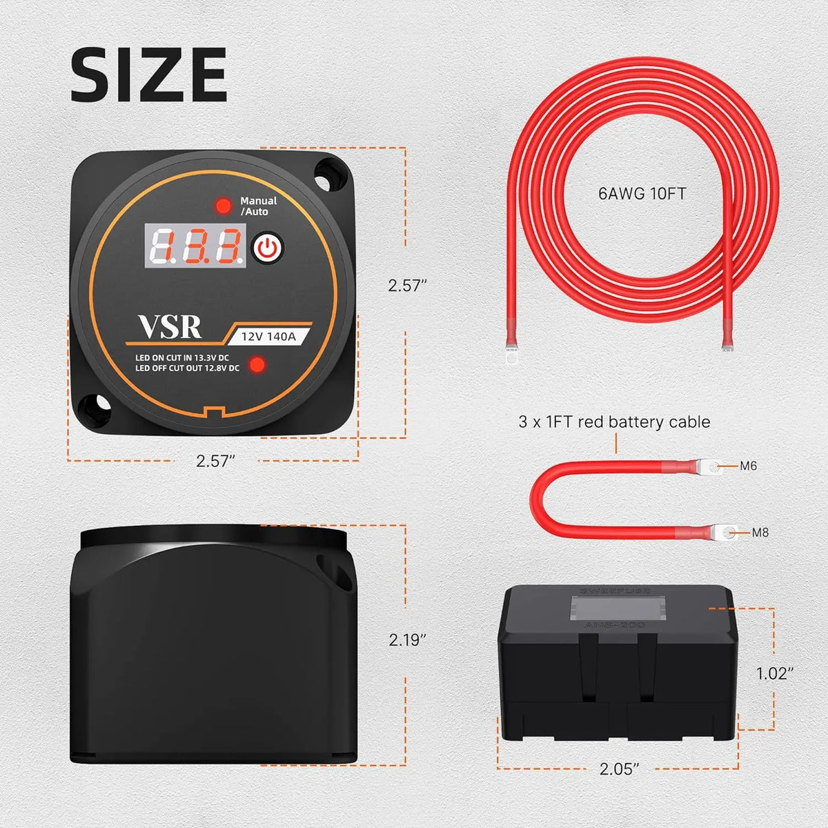 Dual Battery Isolator Kit dimensions showing 2.57 inch VSR, 6AWG 10ft cable, 1ft battery cables and MIDI fuse holder