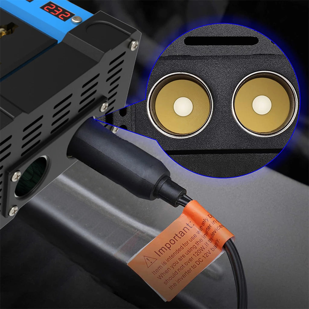 Close-up of dual cigarette lighter socket output on 12V solar power inverter