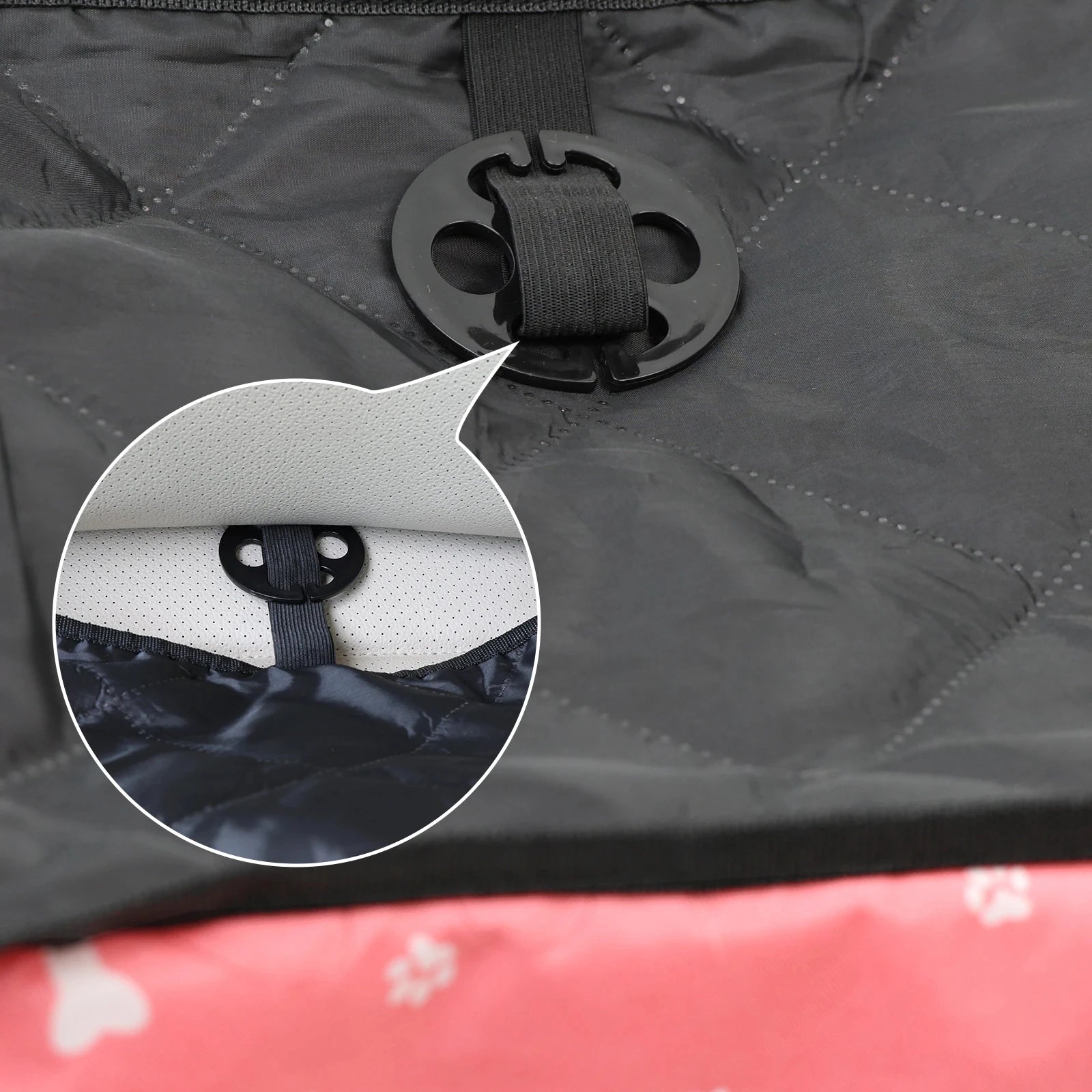 Close-up of the dog car booster seat quilted fastening button and non-slip backing material