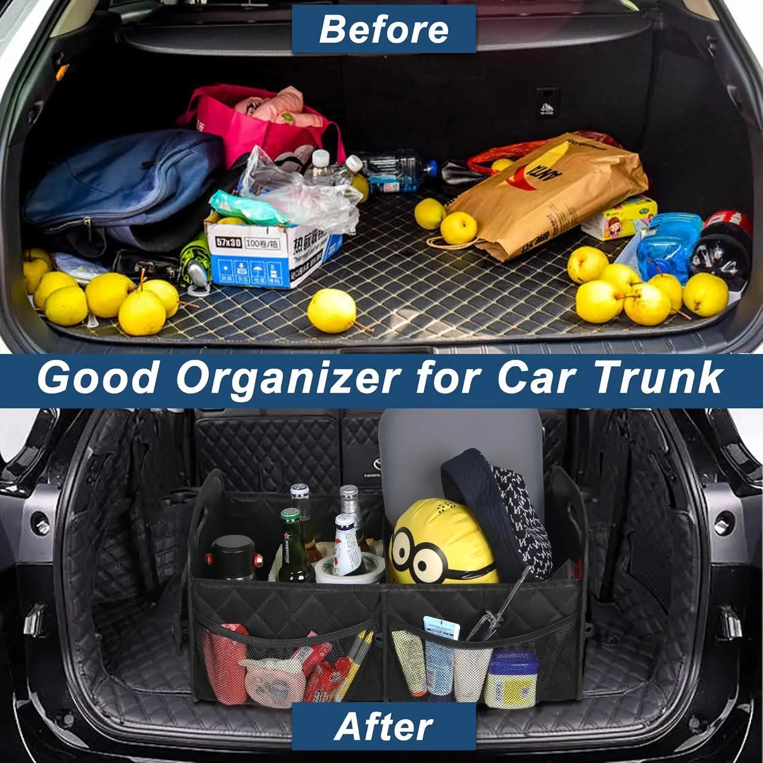 Before and after comparison showing a cluttered car boot transformed into an organised space using the Waterproof Car Boot Organiser